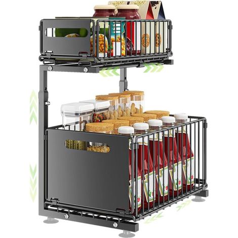 Organisateur sous évier réglable – Étagère coulissante 2 niveaux – Construction antirouille – Tiroirs pliables pour rangement flexible (1/5)