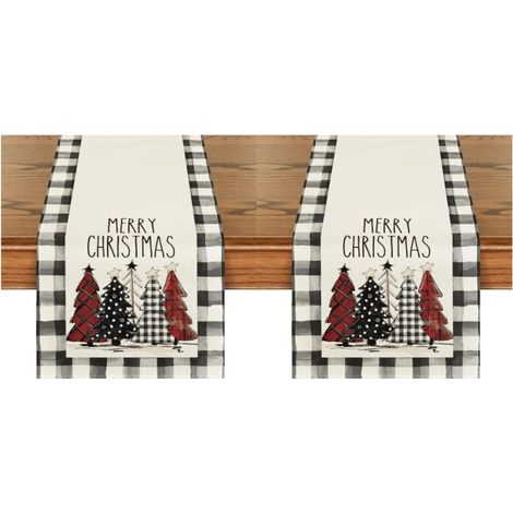 Camino de mesa a cuadros Buffalo para Navidad, decoración para fiestas en casa, 33 x 183 cm. Árboles de Navidad en acuarela, decoración (2 piezas). (1/5)