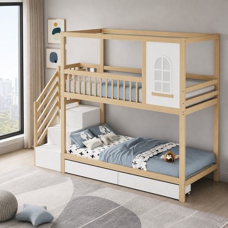 Letto a castello per bambini 90 x 200 cm con contenitori, scala sicura, naturale e bianco HAVRYA (1/5)