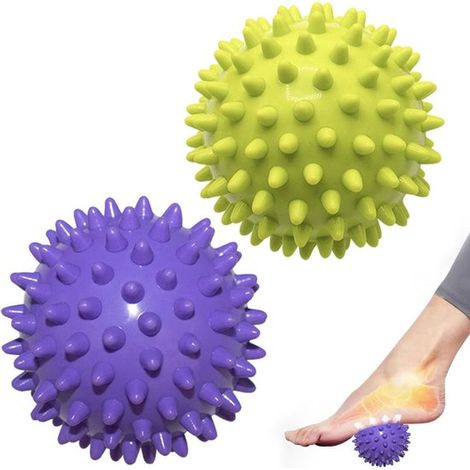Bolas de masaje para puntos gatillo en los pies, paquete de 2, con masaje de acupresión, adecuadas para manos, pies, hombros y músculos, 7,5 cm, verde/morado, material duro (1/5)
