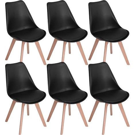 Eggree – Lot de 6 chaises scandinaves noires – pieds en bois de hêtre massif – assise confortable avec coussin en cuir artificiel – dimensions 47x43x81cm (1/4)