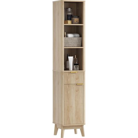 Armoire de salle de bain haute avec étagères et tiroir, design compact et fonctionnel pour petits espaces, 33 x 30 x 170 cm, finition bois (1/5)