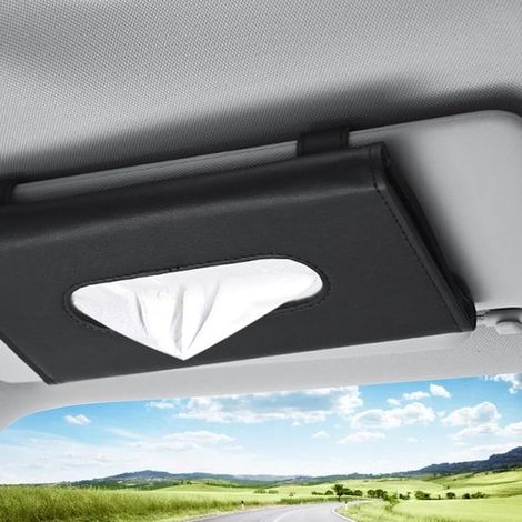 Pratico porta fazzoletti da auto in pelle PU, con clip per asciugamani di carta e organizer per sedile posteriore e aletta parasole (nero) (1/5)