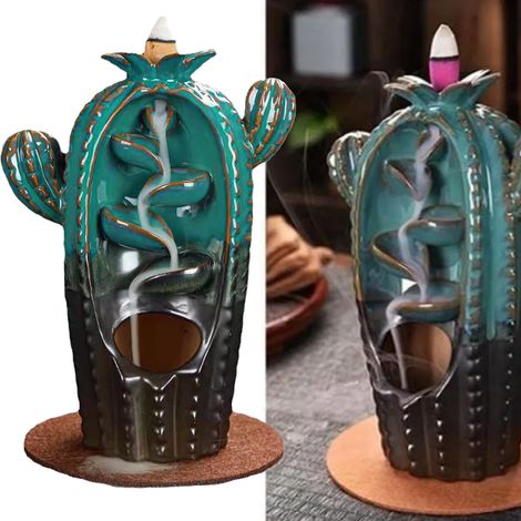 Brûleur d'encens décoratif antique en céramique, motif cascade et cactus, à reflux, pour chambre et salle de méditation. (1/5)