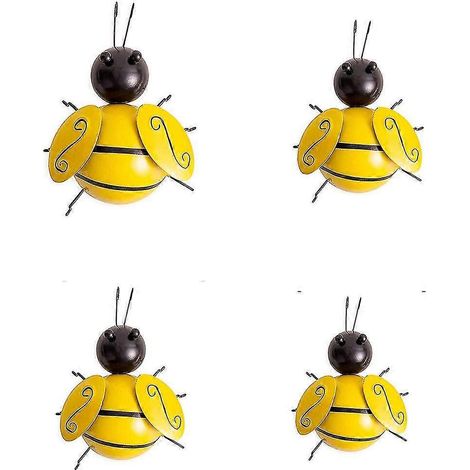 Lot de 4 décorations murales en métal, sculptures d'abeilles 3D en fer, à suspendre pour l'extérieur (maison, jardin), jaune (1/5)