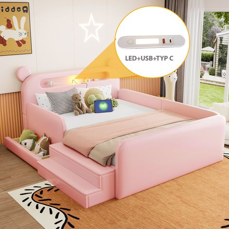 Lit Enfant Rembourré 140x200 cm, Rangement Intégré, Tête de Lit Ours, Veilleuse, USB, Siège-Marche, Similicuir Rose (1/5)