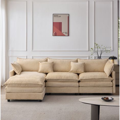 OKMYHOME 3-Sitzer-Ecksofa mit Recamiere und modularem Hocker aus Chenille, Hellkaffee (1/5)