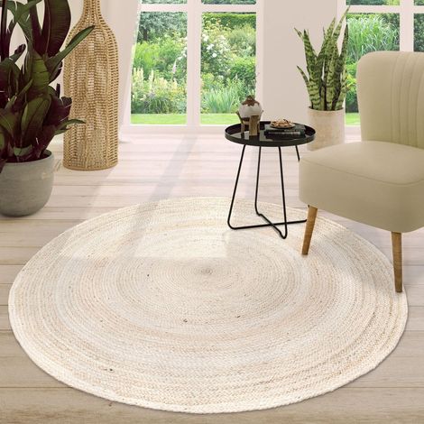 1 tapis rond en jute, fait main, style bohème, bordure moderne, pour salon chambre ou couloir, diamètre 200 cm (1/5)
