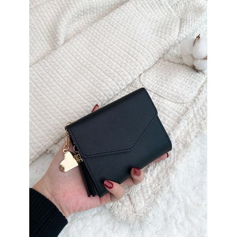 Portefeuille femme miniature, léger, minimaliste et stylé, avec poche à pièces, décoré d'un cœur métallique et d'un pompon, à double pli (1/4)