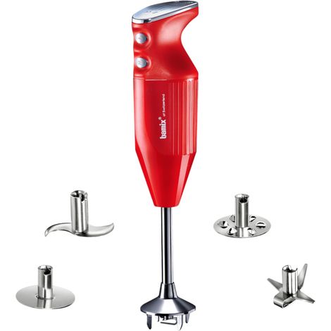 bamix Batidora de mano M350 MAXX con cuchillas multifunción, Carne, Verdura, Mezclador, Disco giratorio de acero inoxidable, 350 W, 2 veloc., Made in Switzerland, Rojo/cromado (1/4)