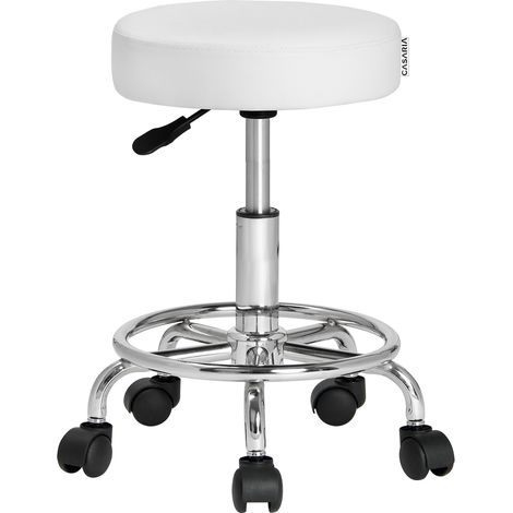 CASARIA® Rolling Stool Single or Set of 2 Height-Adjustable 10cm Padding 360° Swivel 51-65cm Seat Height Footrest Stylish Office and Kitchen Stools Ergonomic Work Stool White