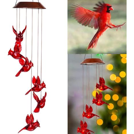 Proveedor mayorista de campanillas de viento iluminadas, alimentadas por energía solar, con motivos de colibríes y mariposas, bolas de castaño, pájaros rojos e iluminación LED para jardín, fiestas y m (1/5)