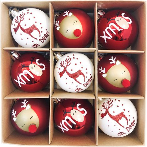 9pcs 6cm Boules de Noël, Boules de Sapin de Noël, Thème Traditionnel Rouge et Blanc Wapiti de Dessin, Décoration pour l'arbre de Noël, equipées d'une Corde Emballage de Papier Kraft (1/5)