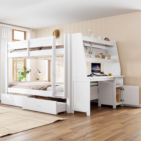 Litera alta 140x200 cm blanca de madera con escritorio, armario lateral y cajones (1/5)