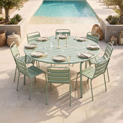 Ensemble table de jardin 180 cm + 8 chaises en métal vert - BACA (1/5)