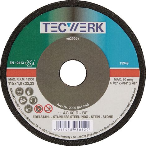 TECWERK Trennscheibe D115x1mm geradeStahl / Stein Bohrung 22,23 mm