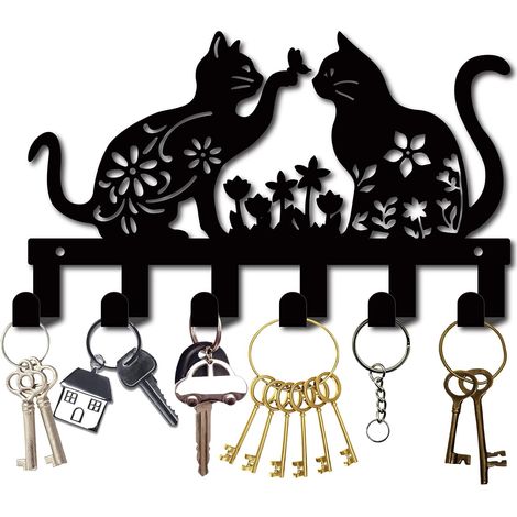 Llavero metálico de pared con motivo de gato, con 6 ganchos, decoración de pared, ideal para entradas, puertas principales, pasillos y oficinas. (1/5)