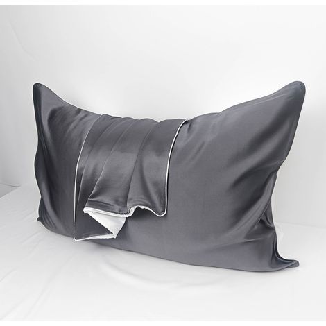 MINKUROW Federa per Cuscino - 100% Seta di Gelso Naturale - per Capelli e Pelle - 19 mm Seta su un lato - 2 unità, Seta, Standard 48x74cm Grigio antracite (1/5)