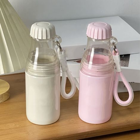 Gourde portable avec cordon, gobelet amovible, double compartiment, étanche, idéale pour le bureau, la maison, la voiture et les activités de plein air (rose). (1/5)