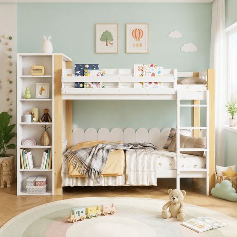 Cama infantil superpuesta 90x200 cm con almacenamiento, 4 peldaños, blanco y natural HAVRYA (1/5)