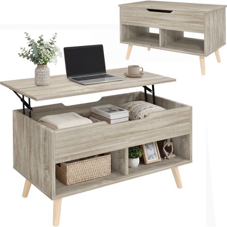 Table basse relevable avec compartiment caché et étagères ouvertes, 75 x 40 x 58 cm, bois naturel