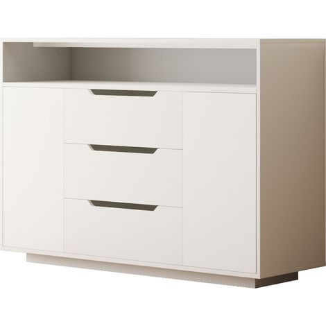 Meuble multifonctionnel blanc mat, étagère ouverte, 3 tiroirs, portes des deux côtés, glissières métal, bords arrondis, pour salon, salle à manger ou bureau (1/5)
