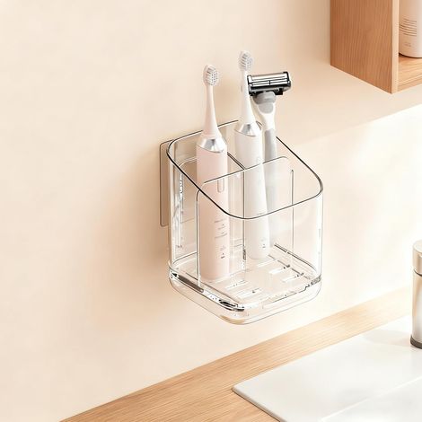 Support mural amovible pour brosse à dents et dentifrice, avec séparateur et drainage antidérapant. (1/5)