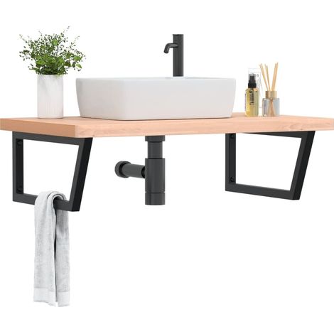Waschbeckenregal Wandmontage Stahl und Massivholz Buche