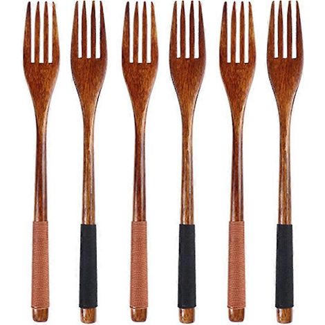 Lot de 6 fourchettes en bois de style japonais, ustensiles de table pour enfants (fil marron et noir)-6pcs