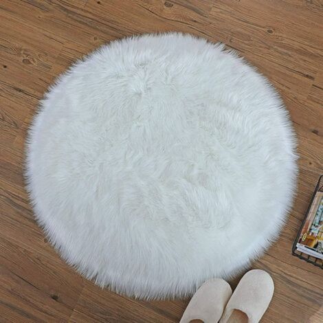Tapis rond diamètre 90 cm, moelleux et doux, fausse fourrure aspect naturel, coussin en laine synthétique, tapis de canapé blanc. (1/5)