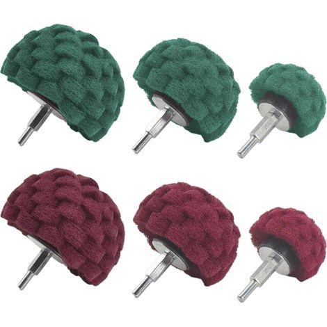 Tête de polissage (brossage) en forme de tampon de récurage - 6 pièces rouges non tissées pour perceuse abrasif avec poignée 1/4 pour collecteurs/aluminium/acier inoxydable/chrome (1/5)