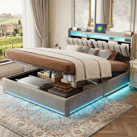 Lit coffre 140x190 cm Lit double lumière LED et port USB Lit Capitonnée Lit avec tête de lit et sommier à lattes Tissu de velours - Gris (1/5)