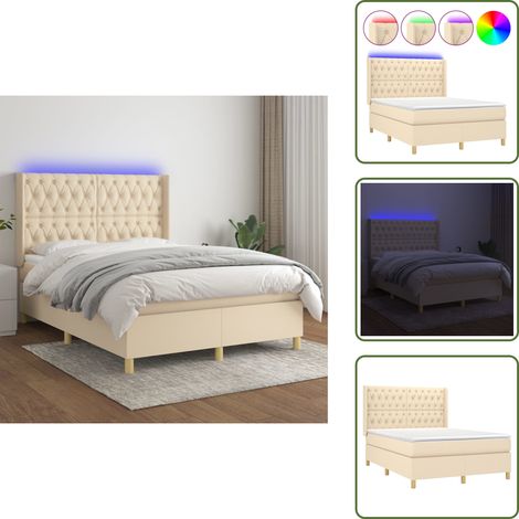 Cama con cabecero ajustable - vidaXL Cama box spring colchón y luces LED tela crema 140x190 cm - Cama con tira LED