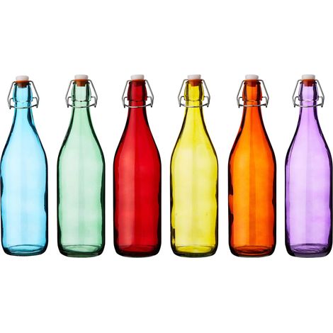 Bar @ drinkstuff Bottiglie in vetro colorato Swing Top 1 litro - Set di 6 - Bottiglie rosse, blu, arancioni, verdi, giallo, viola