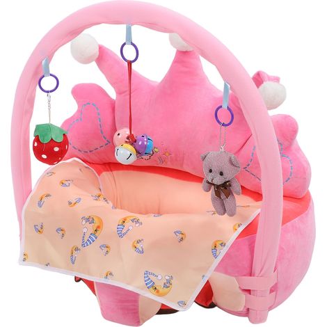 Siège de soutien pour bébé en forme de couronne souple, maintien d'une posture assise confortable, chaise d'apprentissage en peluche avec jouets d'éveil et bavoir rose (1/5)