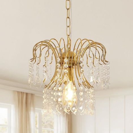 Lustre Suspendu Cristal Moderne, Doré, Chaîne 120 cm, Douille E27, Lumière Éclatante, Pour Salle à Manger, Salon, Décor Élégant (1/5)