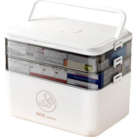 Scatola porta medicinali a 3 strati, organizer portatile, bianca (1/2)