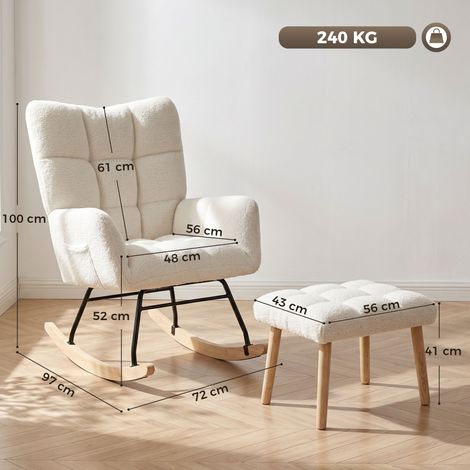 Fauteuil à bascule en sherpa (couleur crème) avec repose-pieds, poches latérales, assise épaisse et design matelassé. (1/5)