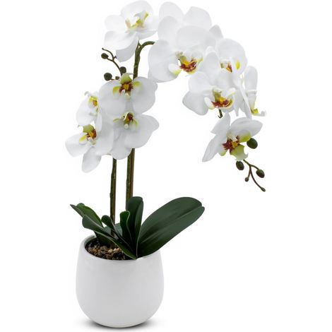 Künstliche Real-Touch Orchidee im weißen Blumentopf - 50 cm - Deko Seidenorchidee mit Keramiktopf