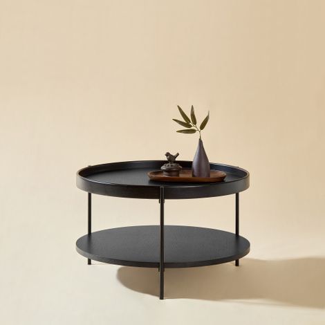 Couchtisch mit 2-stöckigem Tablett-Design, rund, aus Massivholz & Metall, en 3 colores: Esche Natur / Walnuss / Schwarz, mit passendem Beistelltisch kombinierbar, einfache Montage, 69x69x38 cm (1/5)
