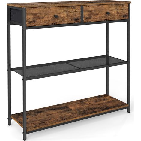 Vasagle – Table console étroite 3 niveaux – 2 tiroirs en tissu – Dimensions 24 x 76 x 80 cm – Marron rustique et noir d'encre – Pour entrée et salon