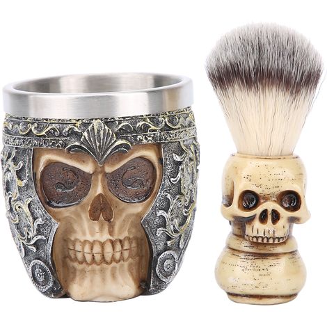 Kit de rasage barbe homme : bol à mousse en acier inoxydable tête squelette + brosse à barbe (1/5)
