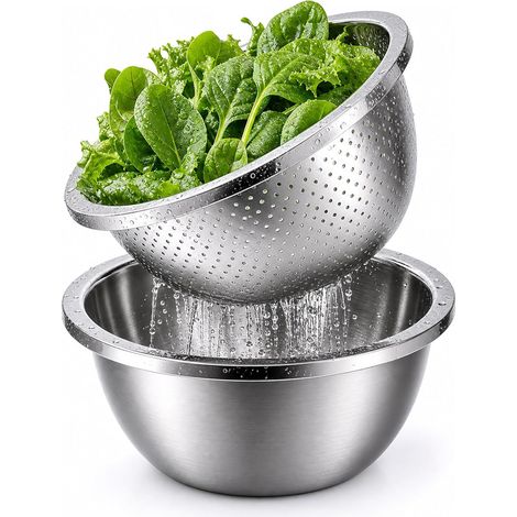 22cm Passoire Inox avec Bol, Saladier Inox et Passoire Empilable, Égouttoir pâtes, Bol Mélangeur, pour Laver le Riz, Pâtes, Fruits et Légumes, Passe au lave-vaisselle (22CM) (1/5)
