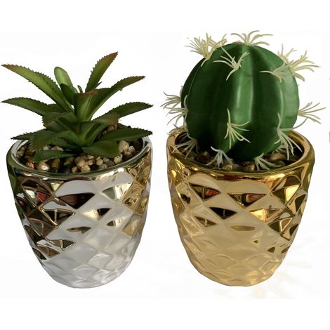 15cm Set of Two Silver and Gold Ceramic Planters with Artificial Cactus and Dracaena