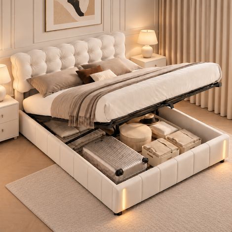 Lit coffre 160x200,lit 160x200 avec sommier à lattes,éclairage à détecteur de mouvement,lit double capitonné,lit adulte,tissu en velours,Beige (1/5)