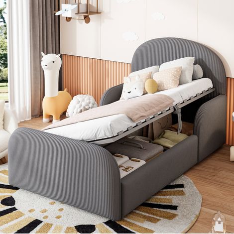 CHICFURN Letto contenitore per bambini 90x200 cm in velluto grigio, testiera alta, senza materasso (1/5)