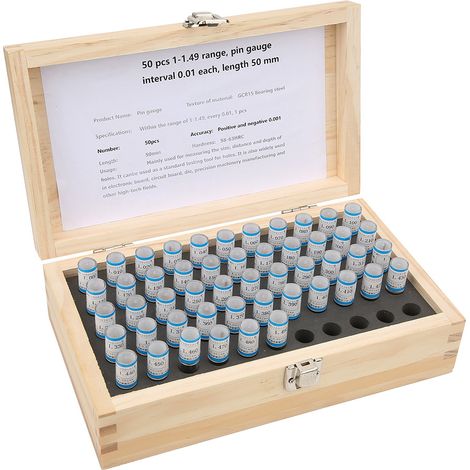 Jeu de 50 jauges de précision pour bouchons de 1 à 1,49 mm, tolérance de 0,001 mm, en acier à roulement. (1/5)