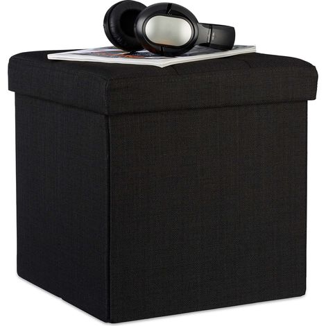 Relaxdays Folding Ottoman 38 x 38 x 38 cm Storage Chair, Footstool Pouf Box Cube, Removable Lid, Black (1/5)