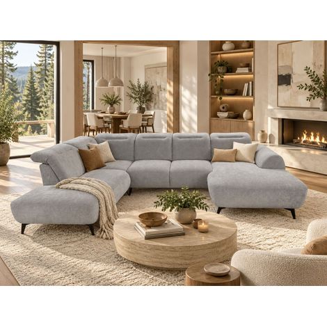 Wohnlandschaft Sofa U-Form ALETTE in Stoff Doha Grau Lange Schenkel Links (1/5)