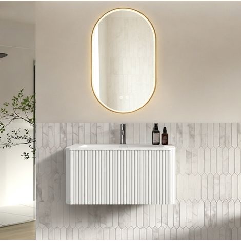 Hängendes Badmöbel-Set Weiß 81 cm mit integriertem Waschbecken und LED-Spiegel 50 x 80 cm (1/5)